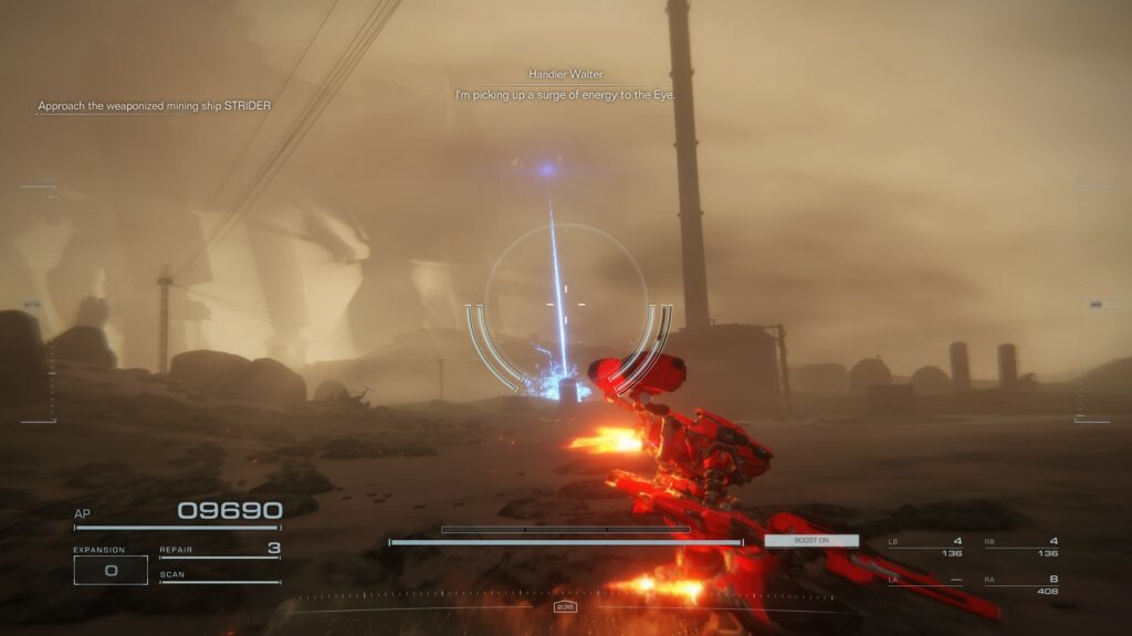 A looming huge structure in the distance, its shadow visible through the dust storm. This is a walking mining platform shooting its laser through the fog as you approach.