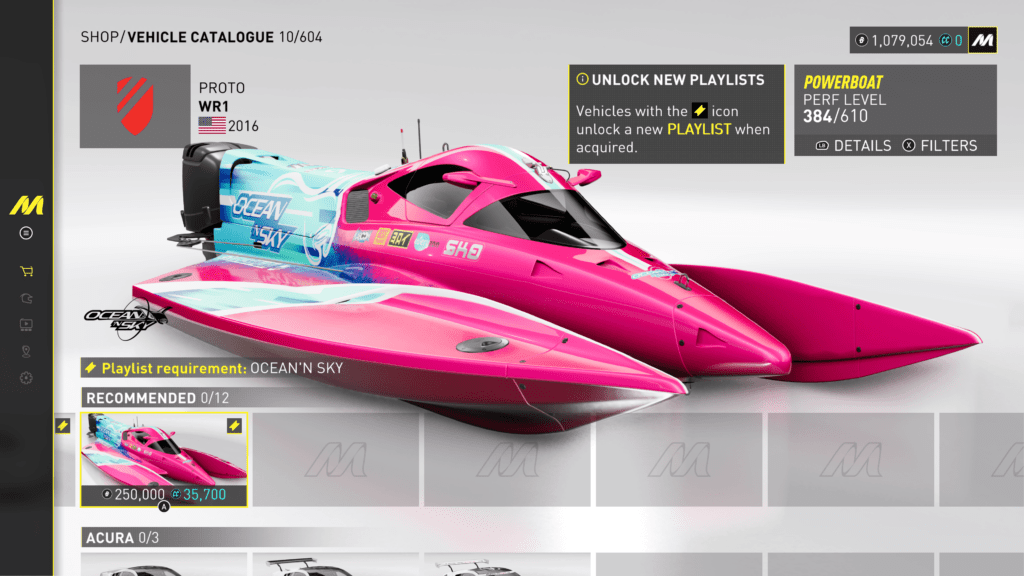 Boats are available and have their own playlist like this proto WR1, it even unlocks a playlist if you buy it. But you will need 250 000 credits or 35700 premium credits.