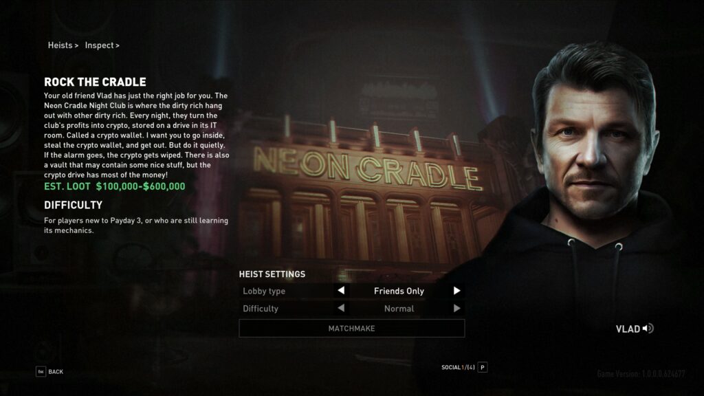 Heists intro screen with text about the heist, spoken dialogue explaining more details and the heist settings to choose between matchmaking, private, friends and difficulty