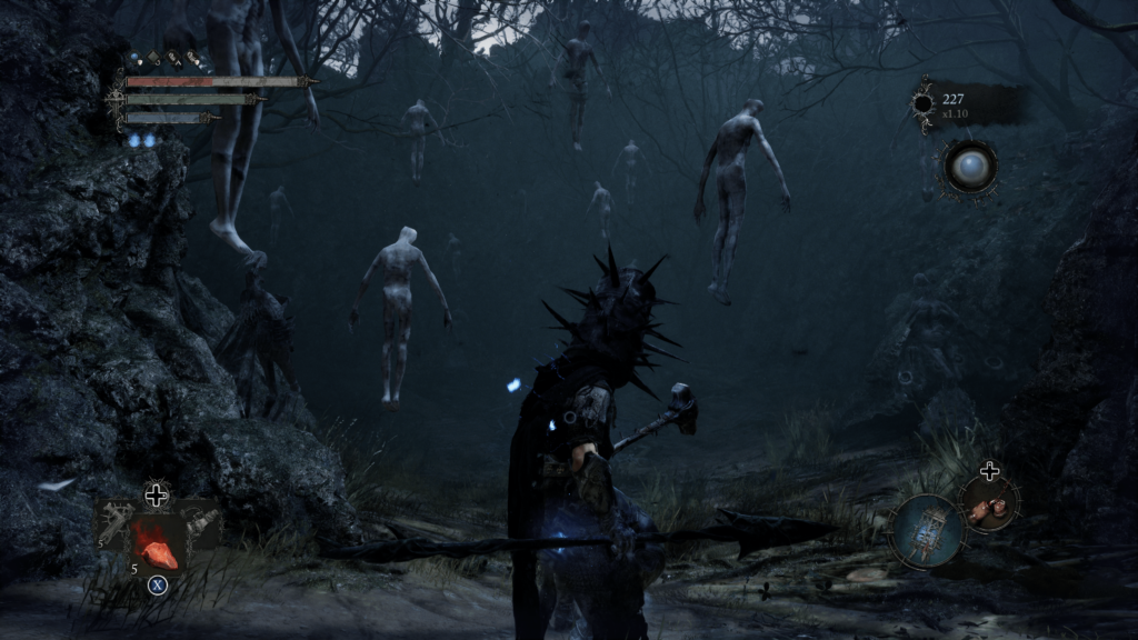 In umbral floating hollowed face corpse hang above the way forward. These can flow down and attack you as you proceed.