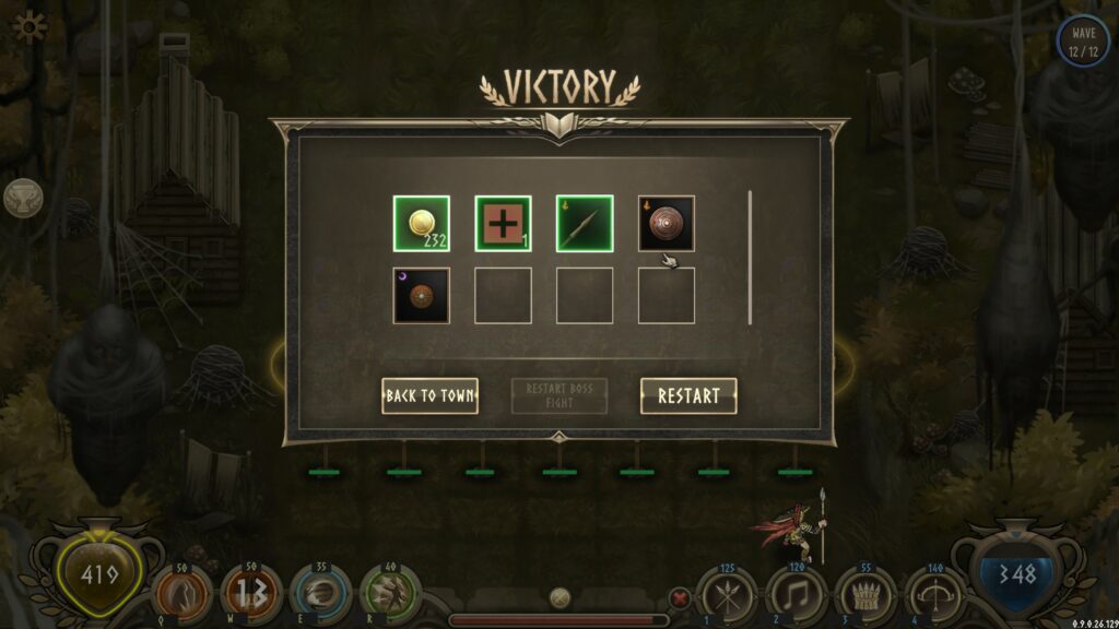 Victory screen with gold, skill point and gear collected