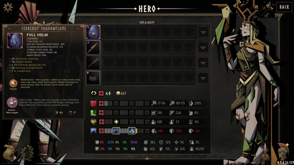 Legendary Hoplite character screen and gear.