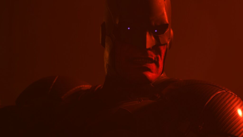 Angry Batman in the dark with red light on him. His eyes glowing purple.