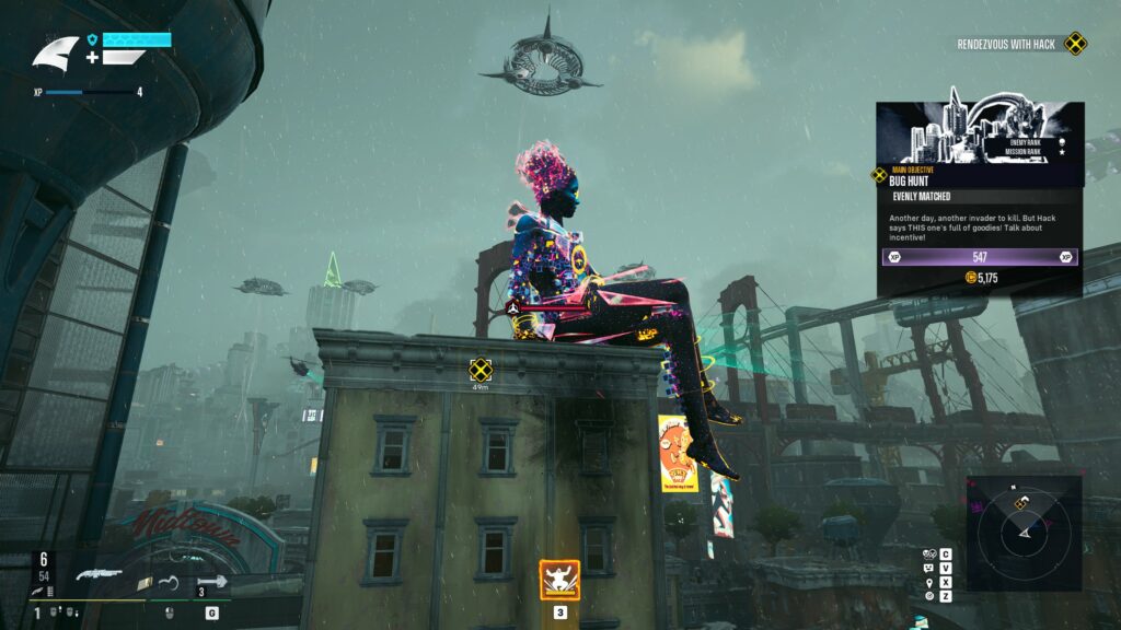 A projection of Hack sitting on a rooftop, waiting for you to start the mission.