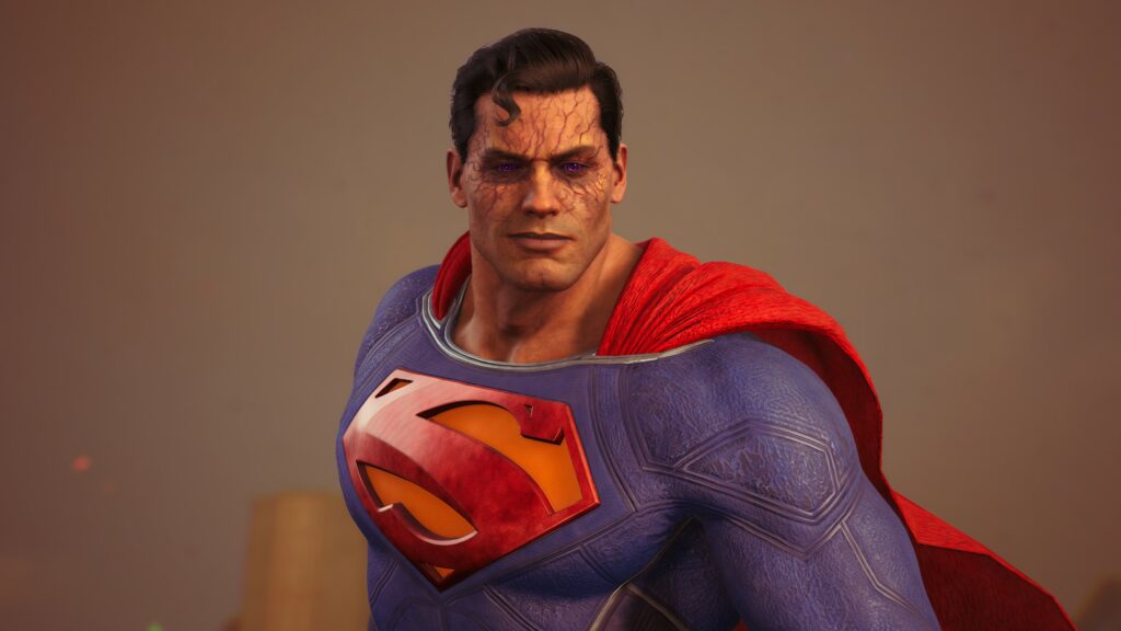Superman looking down on you quite smug with purple eyes