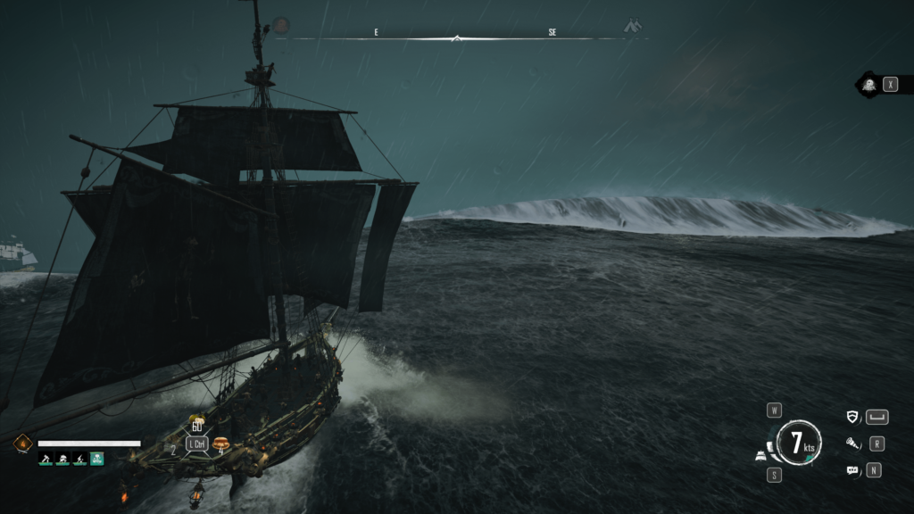 Sailing through a storm in Skull and Bones, facing a Rogue wace that is 5 times the size of my ship.