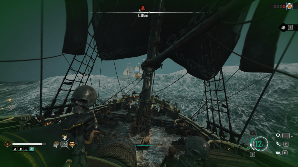 Sailing through a storm in Skull and Bones, first person, water floods the deck, waves are huge, merchants in the distance struggling.