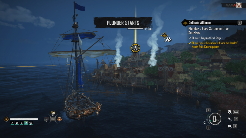 Plunder activity, dock near an outpost and press X