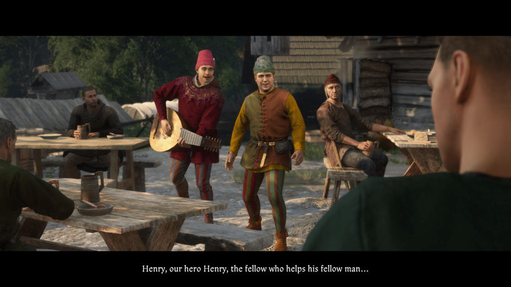 Kingdom Come: Deliverance 2 cutscene of a couple of wannabe bards in colourfull atire singing a song to Henry.