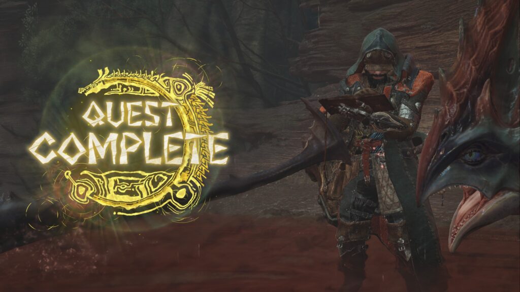 Monster Hunter: Wilds quest complete screen where your character takes out their monster guide. This particular pictures has a velociraptor style monsters head in the right of the picture with its mouth open like "Whaaaaat? quest complete? NICE"