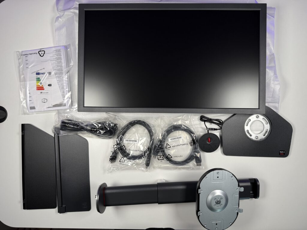 All parts of the BenQ Zowie XL2566X+ laid out outside the box.