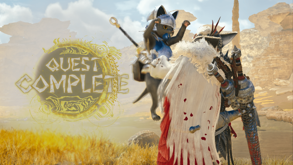 Monster Hunter: Wilds quest complete screen where our character lifts up the palico and it lifts its paws up in succes.