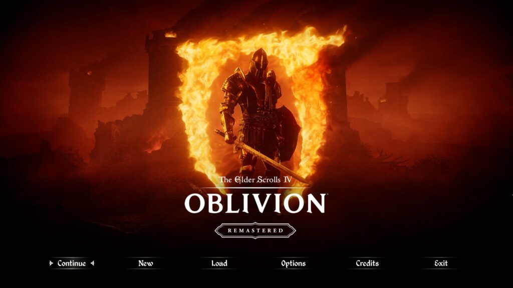 The intro screen of The Elder Scrolls IV: Oblivion Remastered slaps with a fully armored knight with longsword and shield standing in front of the Oblivion logo on fire.