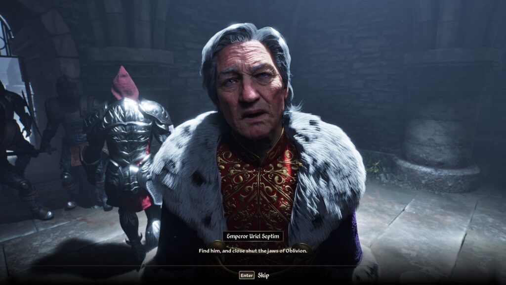 The Emporer, white hair, old man, saying 'Find him, close shut the jaws of Oblivion'